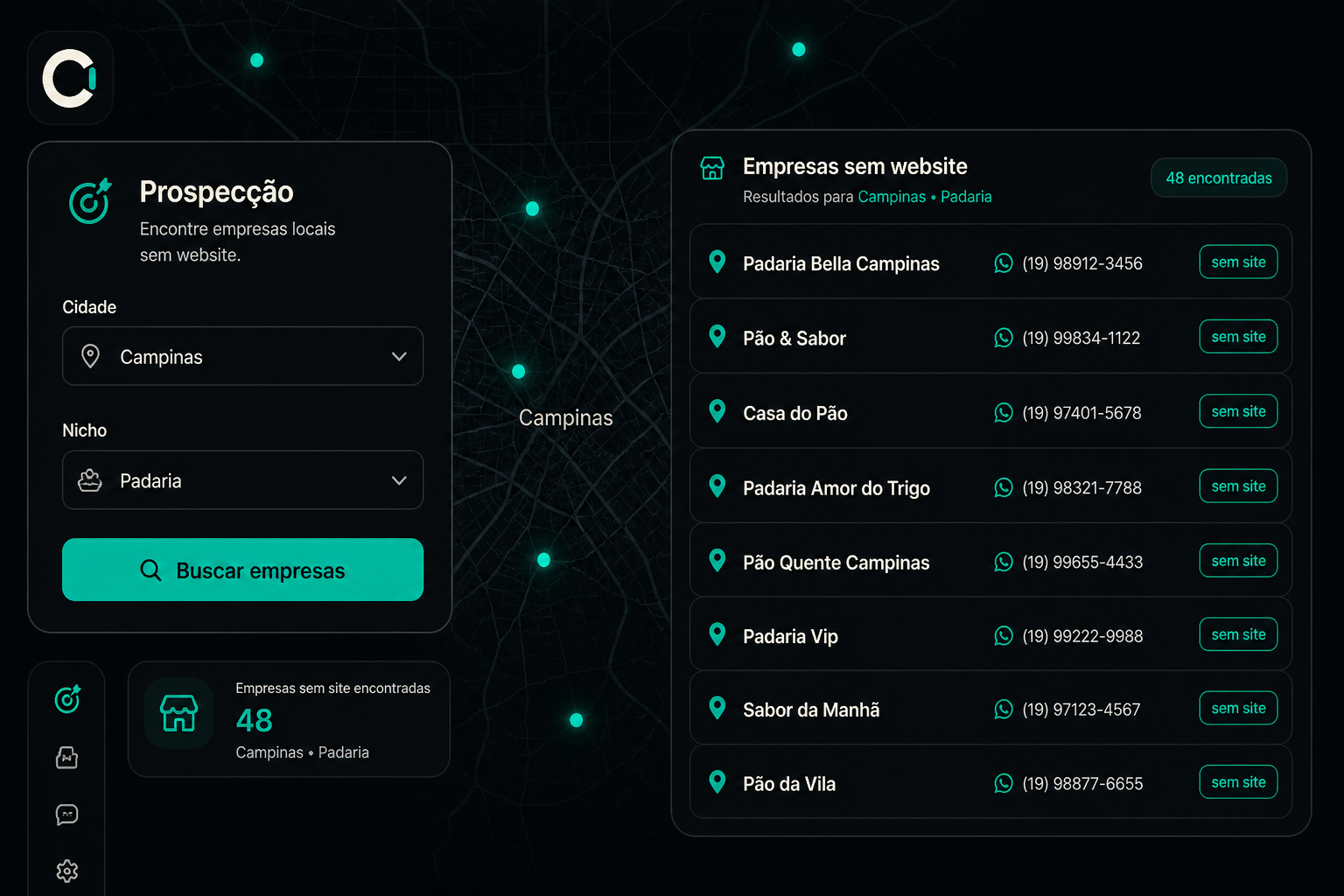 Busca: Campinas, Padaria, lista de empresas sem site com WhatsApp
